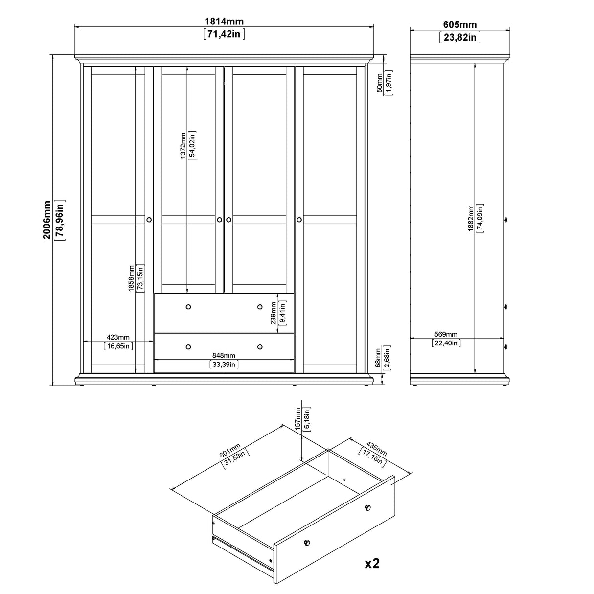 Paris garderobe med 4 dører og 2 skuffer, 200x181, hvit