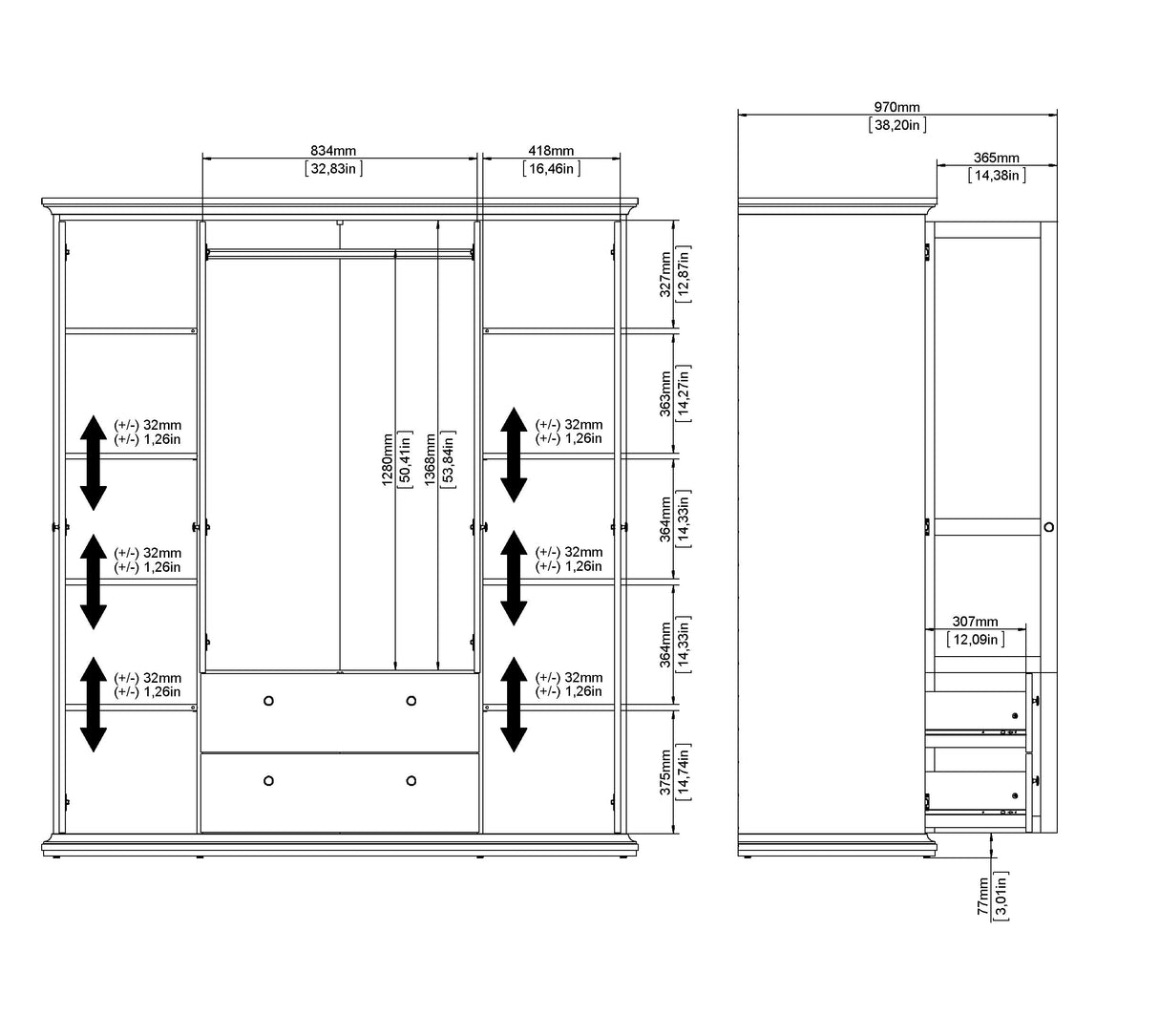 Paris garderobe med 4 dører og 2 skuffer, 200x181, hvit