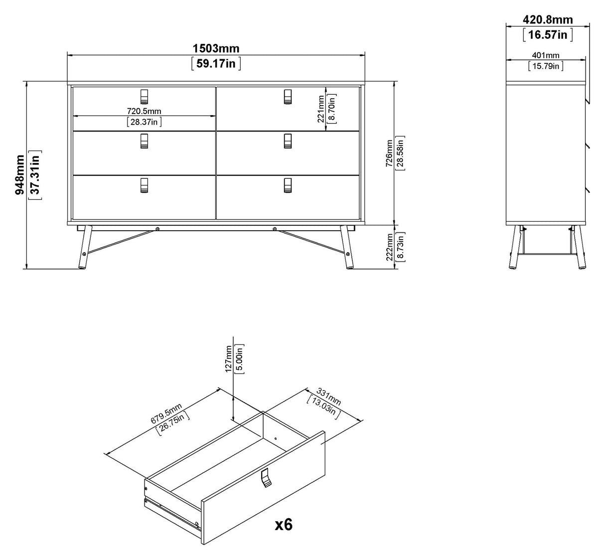 Ry Double Chest of Drawers 6 -skuffer, Matt White, B: 150