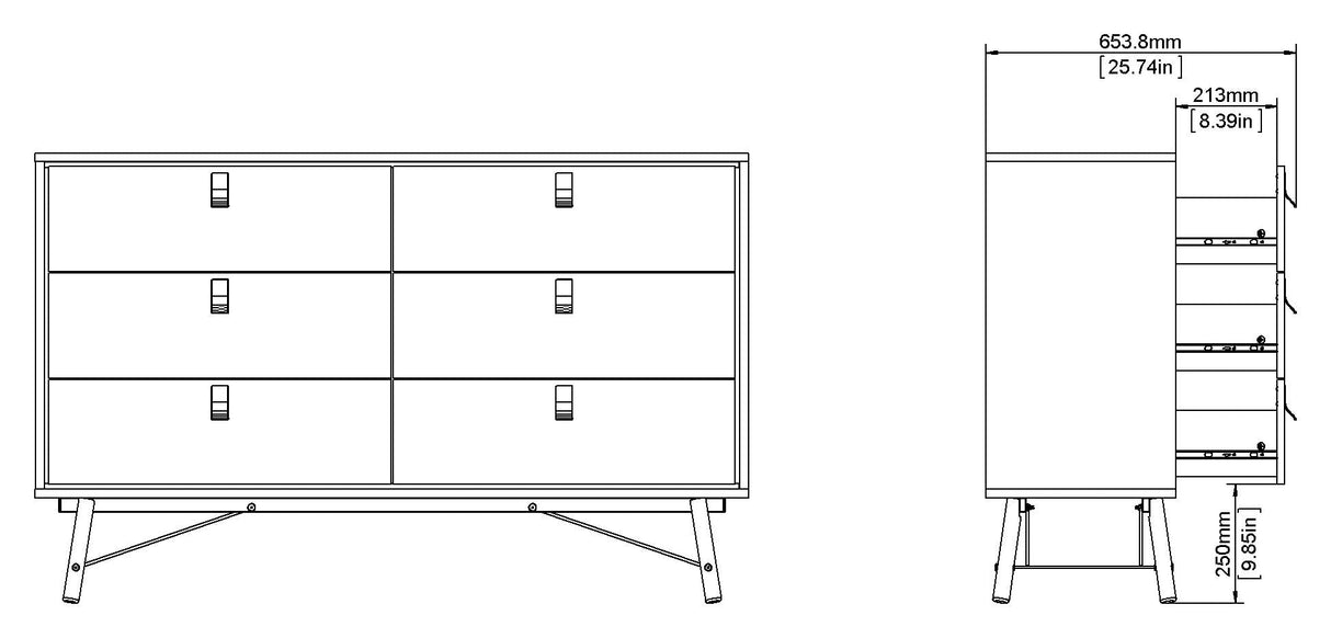 Ry Double Chest of Drawers 6 -skuffer, Matt Black, Walnut Foil, B: 150