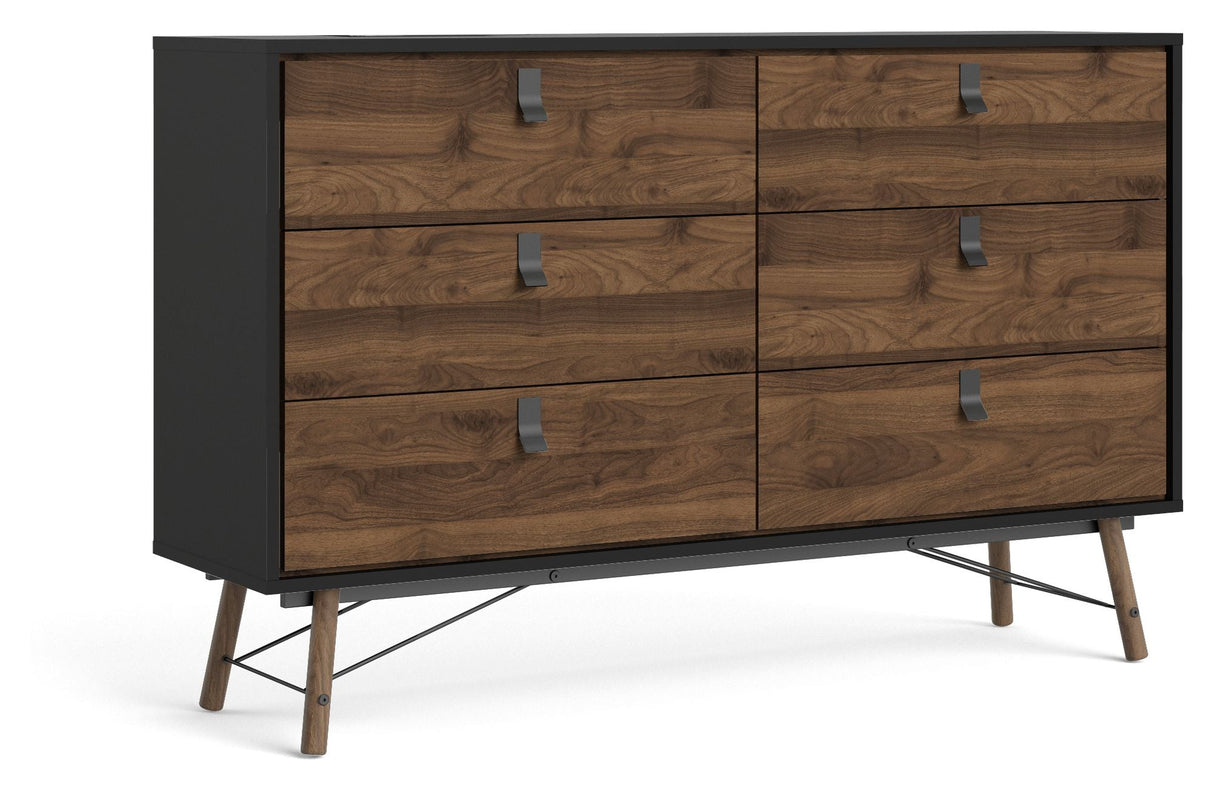 Ry Double Chest of Drawers 6 -skuffer, Matt Black, Walnut Foil, B: 150