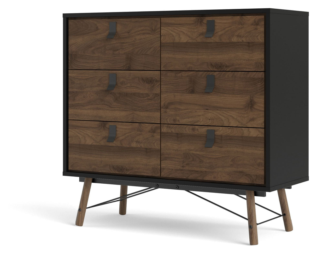 Ry Double Chest of Drawers 6 -skuffer, Matte Black, Walnut Foil, B: 101