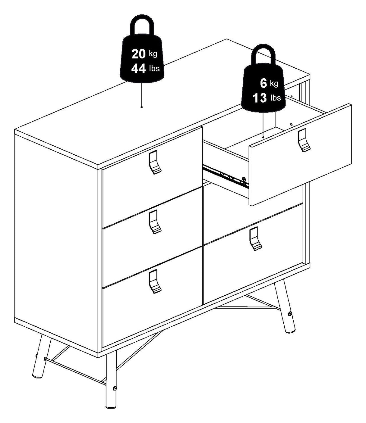 Ry Double Chest of Drawers 6 -skuffer, Matte Black, Walnut Foil, B: 101