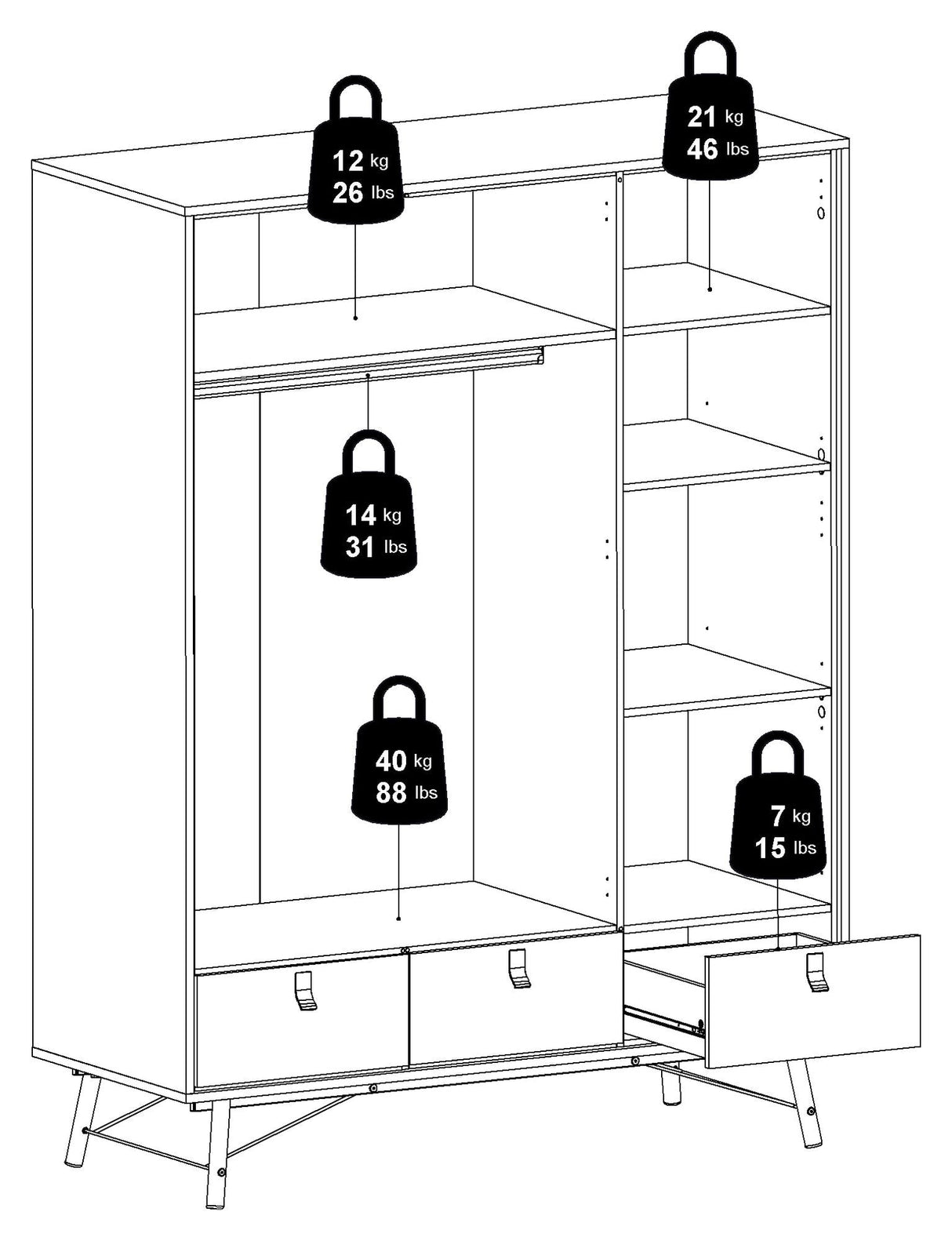 Ry garderobe med 3 dører, matt svart, valnøttfolie