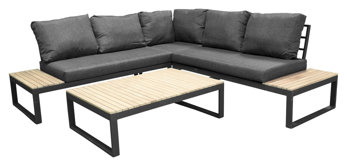 Panama Lounge Bed med bord, svart alu/acacie/grå pute