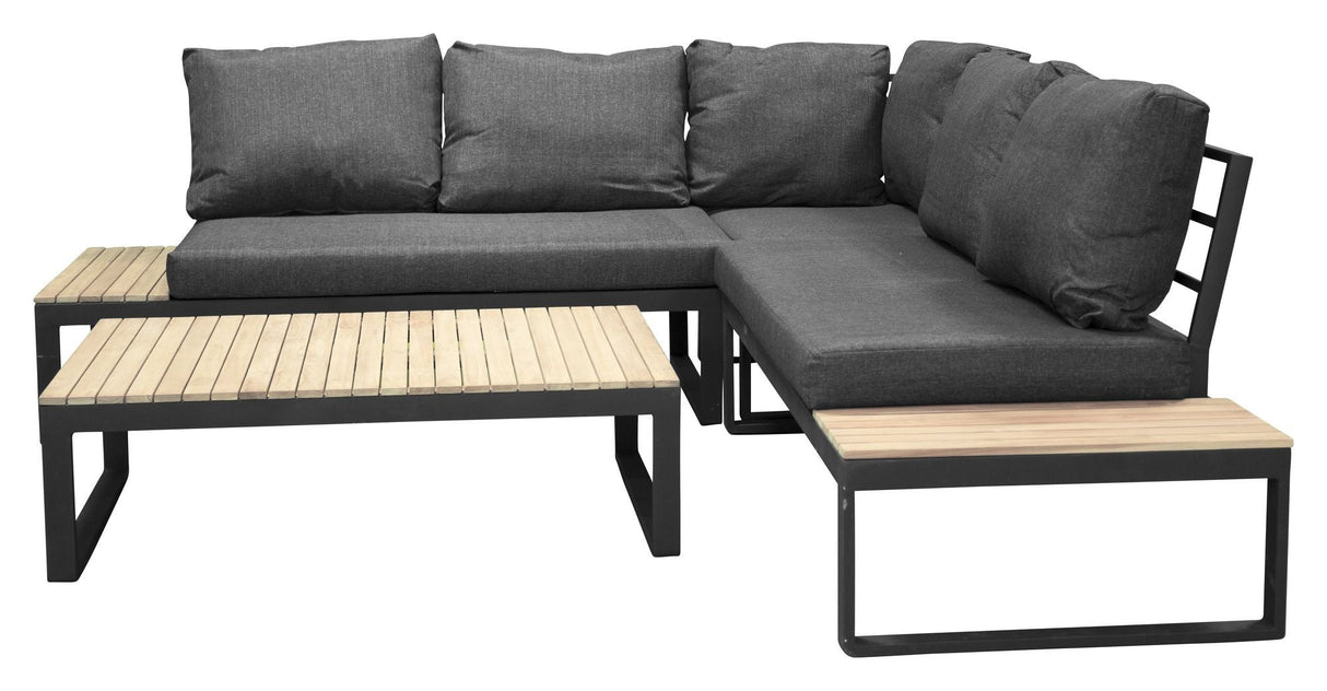 Panama Lounge Bed med bord, svart alu/acacie/grå pute