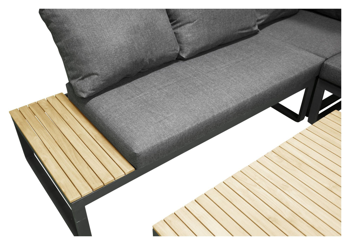 Panama Lounge Bed med bord, svart alu/acacie/grå pute