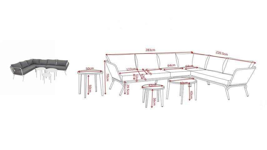 Roxo hjørne sofa med bord, hvit alu/grå