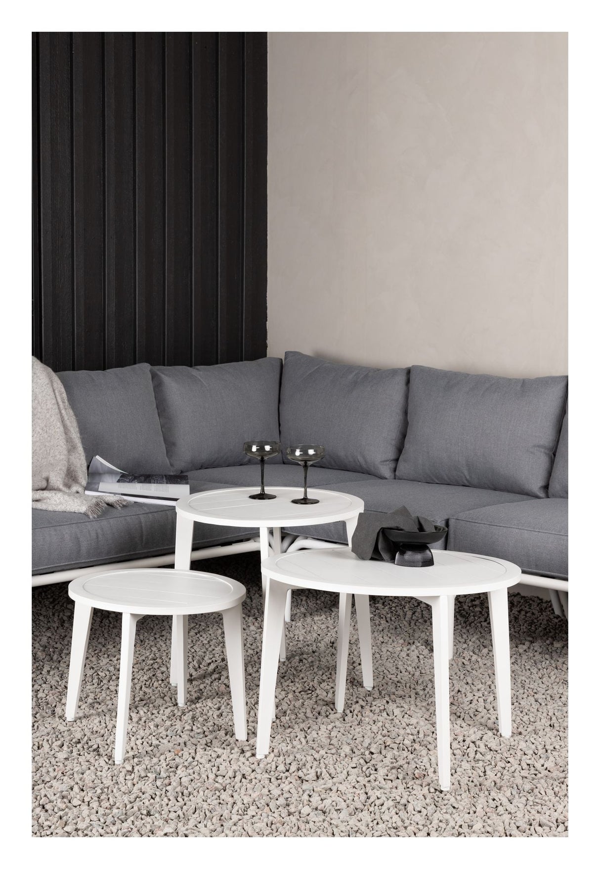 Roxo hjørne sofa med bord, hvit alu/grå