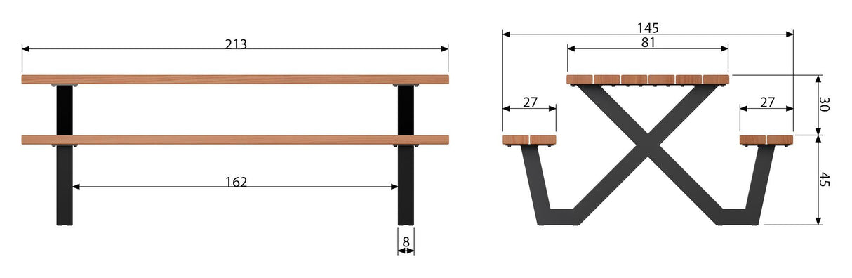 Woood Tablo Table/Bench Set with X -Pins - Wood/Metal, 210x145